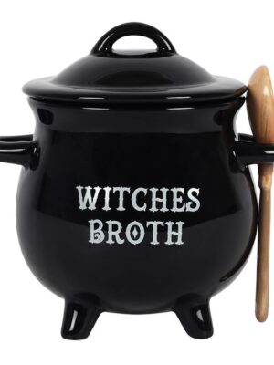 Witches Broth Cauldron Soup Bowl with Broom Spoon