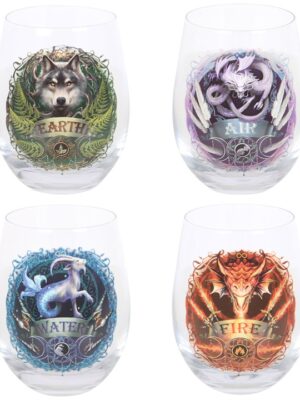 Set of 4 Elemental Stemless Wine Glasses by Anne Stokes