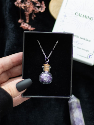 Calming Amethyst Crystal Chip Potion Bottle Necklace Calming Amethyst Crystal Chip Potion Bottle Necklace - Witchcraft Ritual