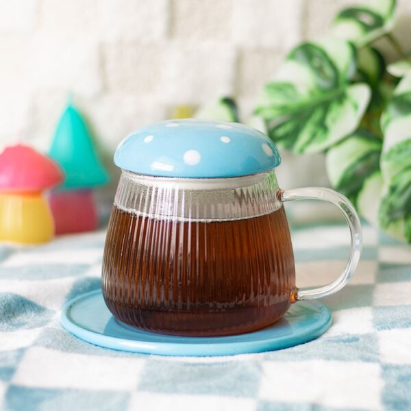 Blue Glass Mushroom Mug and Saucer - Ceramic Mug