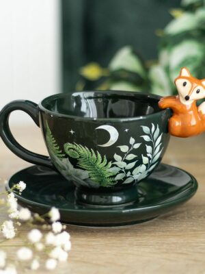 Green Forest Teacup with Fox - Ceramic Mug