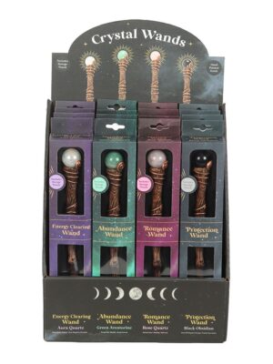Set of 16 Crystal Wands with Pouches in Display - Crystal Healing