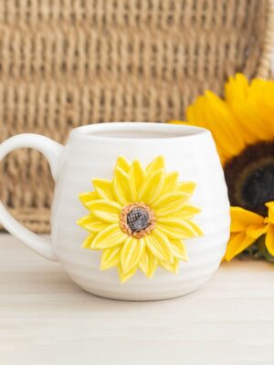 Hello Sunshine Rounded Mug with 3D Sunflower - Ceramic Mug