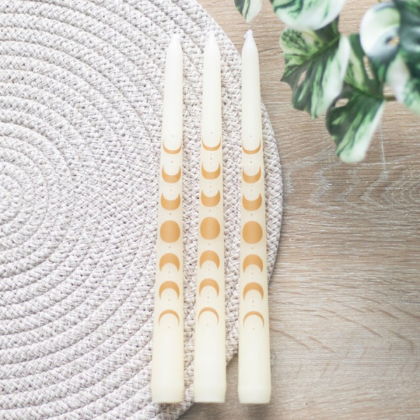 Set of 3 Off White Moon Phases Taper Dinner Candles - Witchcraft Ritual - View 6