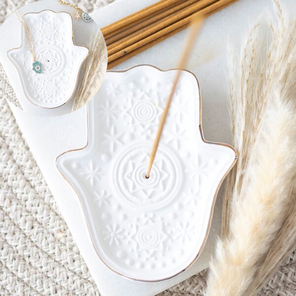 ED_33526.jpg White Hand of Hamsa Incense Holder and Trinket Dish - Aromatherapy