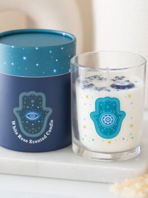 Hand of Hamsa White Rose Candle with Crystals - Crystal Healing