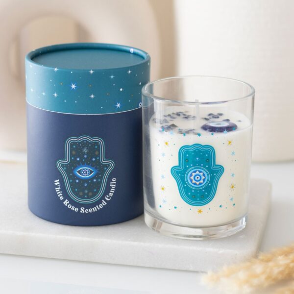 Hand of Hamsa White Rose Candle with Crystals - Crystal Healing
