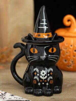 Frightful Folk Black Cat Lidded Mug - Witchcraft Ritual