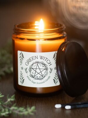 Green Witch White Sage Amber Glass Candle - Witchcraft Ritual