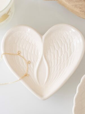 Off White Angel Wing Heart Trinket Dish - Angel Figurine