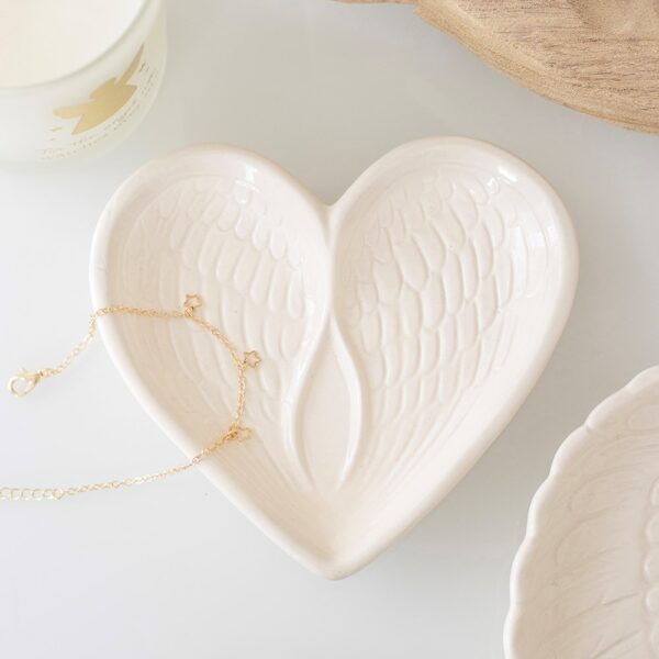 Off White Angel Wing Heart Trinket Dish - Angel Figurine