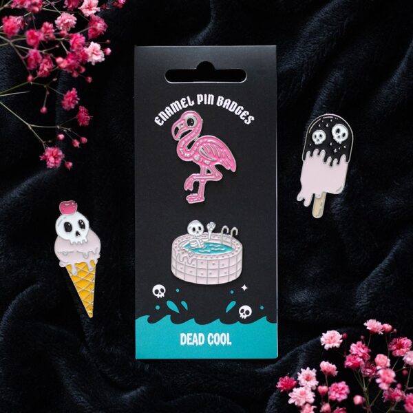Dead Cool Skeleton and Flamingo Enamel Pin Badges - Spiritual Home Decor