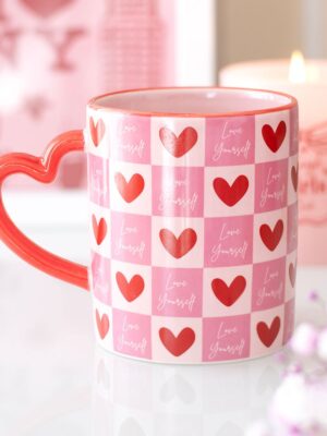 Love Yourself Checkered Mug with Heart Handle - Ceramic Mug