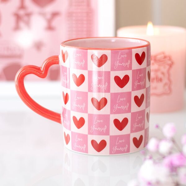 LV_69226.jpg Love Yourself Checkered Mug with Heart Handle - Ceramic Mug