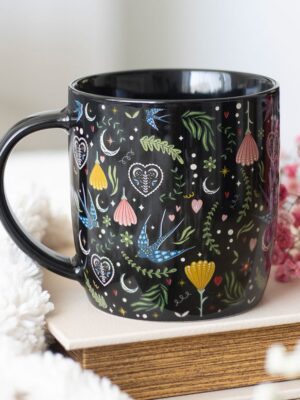 Black Midnight Bloom Print Mug - Ceramic Mug