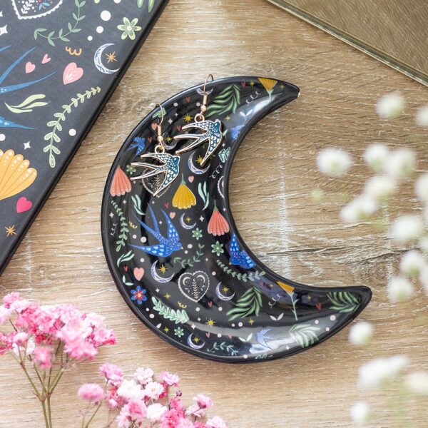 Midnight Bloom Crescent Moon Trinket Dish - Spiritual Home Decor