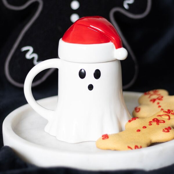 Ghost Shaped Mug with Santa Hat Lid - Ceramic Mug