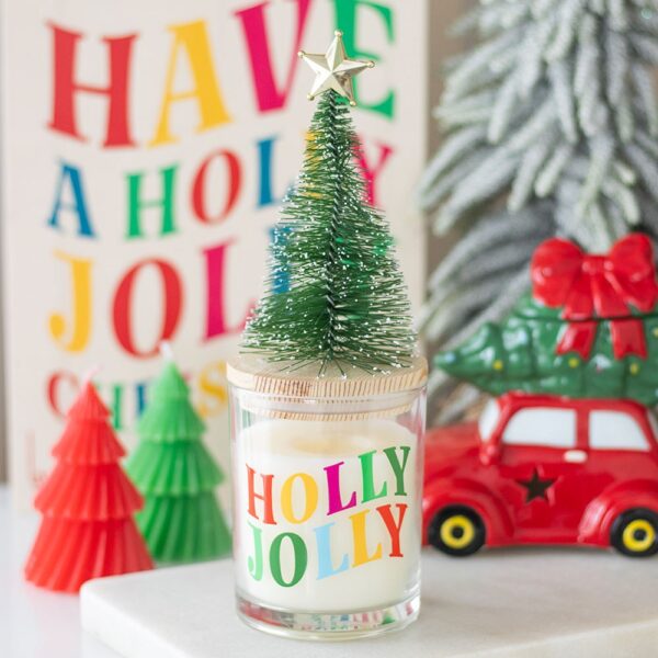 Holly Jolly Pine & Fir Glass Candle with Tree - Aromatherapy