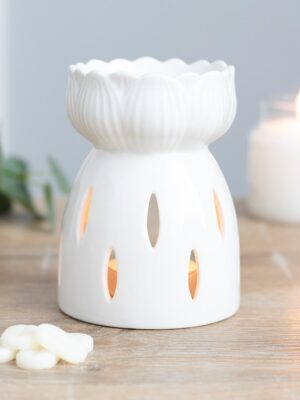 White Gloss Lotus Flower Oil Burner - Spiritual Home Decor