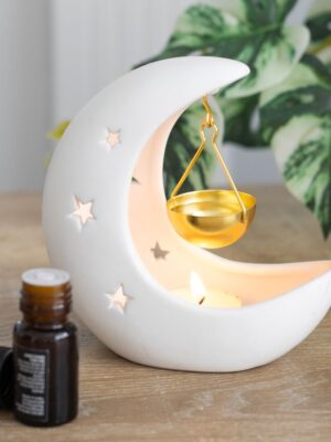 White Crescent Moon Oil Burner with Gold Dish - Spiritual Home Decor