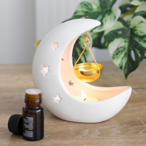 White Crescent Moon Oil Burner with Gold Dish - Spiritual Home Decor