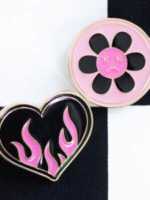 Burning Heart and Sad Flower Pin Badge Set - Spiritual Home Decor