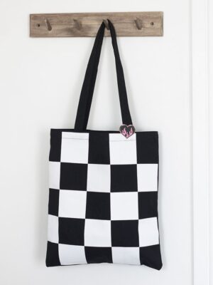 RE_49826.jpg Checkerboard Print Polycotton Tote Bag with Enamel Heart Pin Badge - Spiritual Home Decor