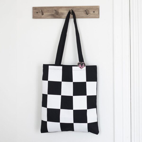 RE_49826.jpg Checkerboard Print Polycotton Tote Bag with Enamel Heart Pin Badge - Spiritual Home Decor