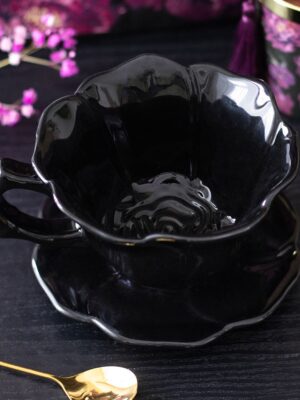 Black Rose Teacup and Saucer - Ceramic Mug