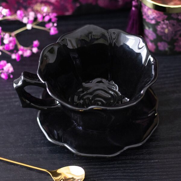 Black Rose Teacup and Saucer - Ceramic Mug