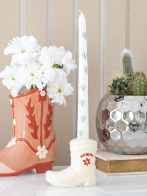 White Cowboy Boot Candle Holder with Taper Candle - Aromatherapy