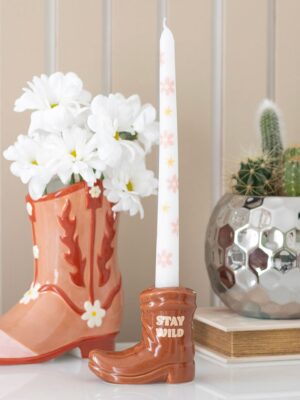 Brown Cowboy Boot Candle Holder with Taper Candle - Aromatherapy
