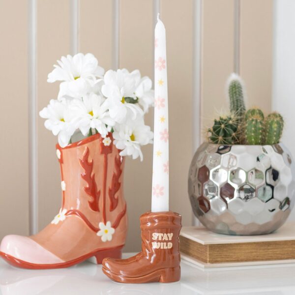 Brown Cowboy Boot Candle Holder with Taper Candle - Aromatherapy