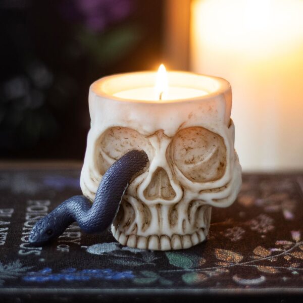 Skull Tealight Holder with Snake - Spiritual Home Decor