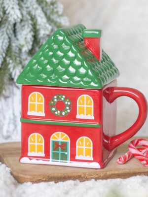 Red Christmas House Lidded Mug - Ceramic Mug